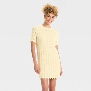 NWT Women's Short Sleeve Pointelle Mini Sweater Dress Crochet Knit Off-White